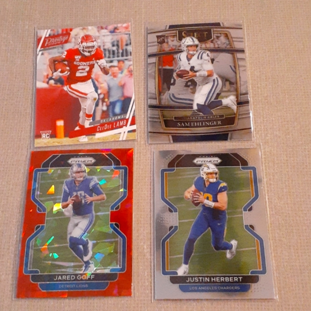 4 NFL Cards Cowboys Chargers Colts Lions Herbert Lamb Goff Ehlinger